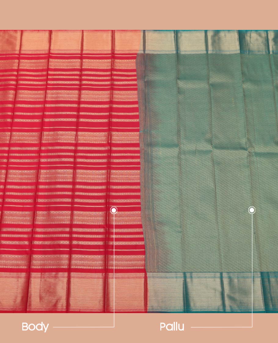 Red Budget Silk Saree, Finely Crafted with Zari Stripes All Over Its Body, Highlighted by Traditional Zari Designs Woven Border, Contrast Grand Pallu, and Paired with a Contrast Blouse