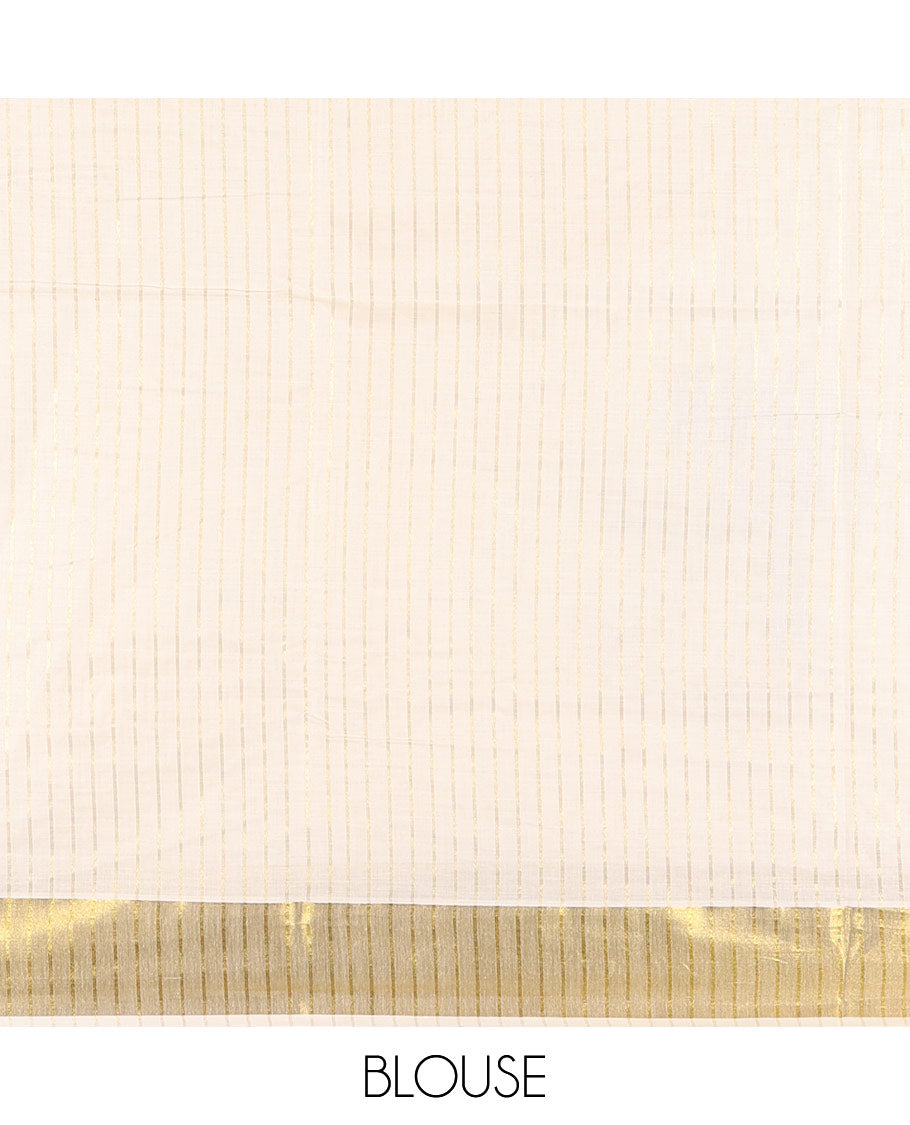 Cream and blue vertically striped with handblock floral motifs printed Kerala cotton saree, zari striped border, handblock floral printed pallu, and a matching blouse