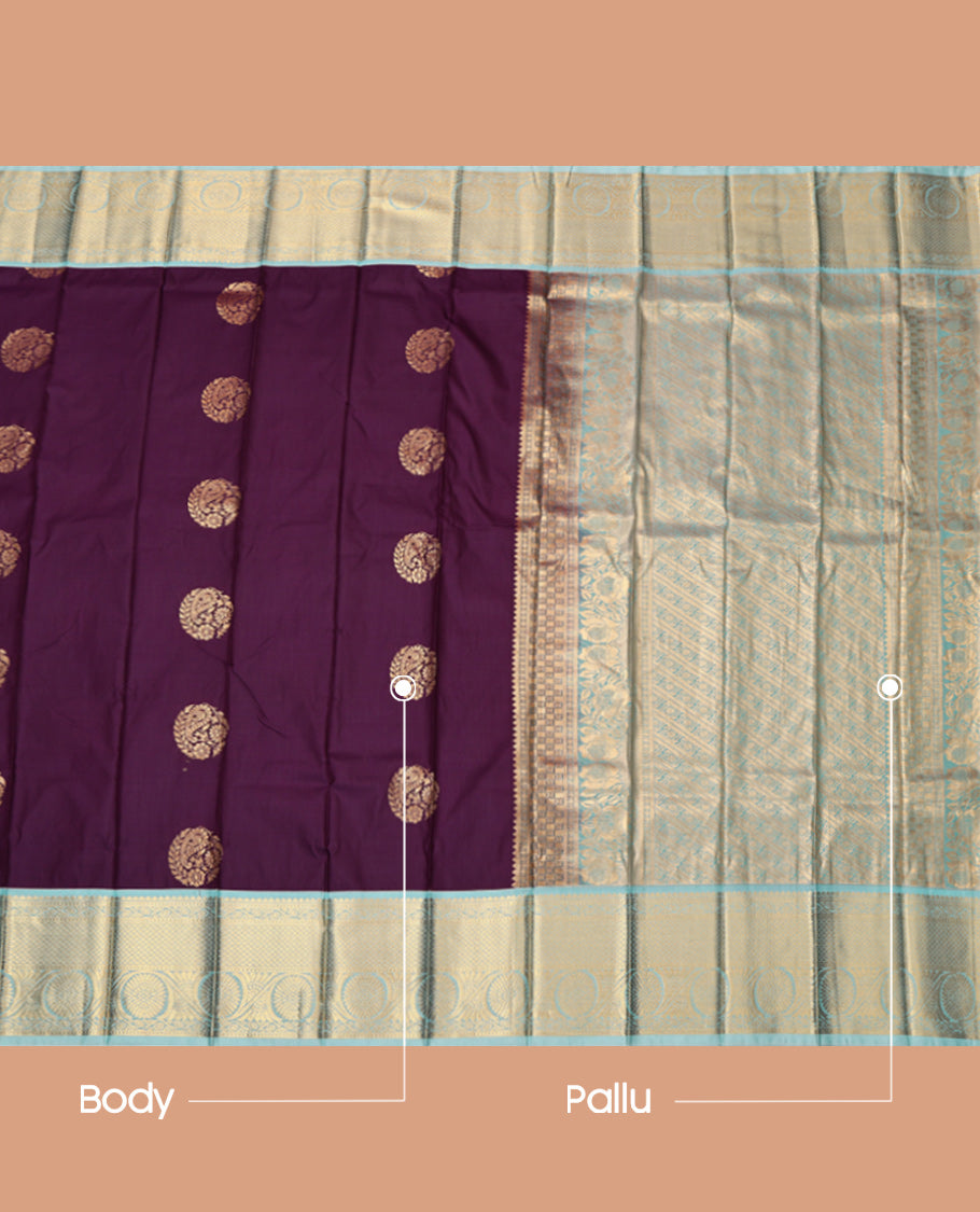 Brown Budget Silk Saree, Prettified with Round Zari Buttas, Complemented by Contrast Traditional Zari Border, Grand Pallu and a Contrast Blouse