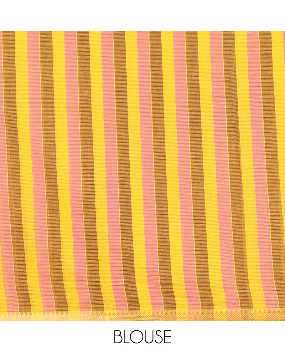 Yellow Striped Andhra Cotton Saree, Bedecked with Floral Motifs Print, Highlighted by a Temple Zari Border, Contrast Striped Pallu, and a Contrast Blouse