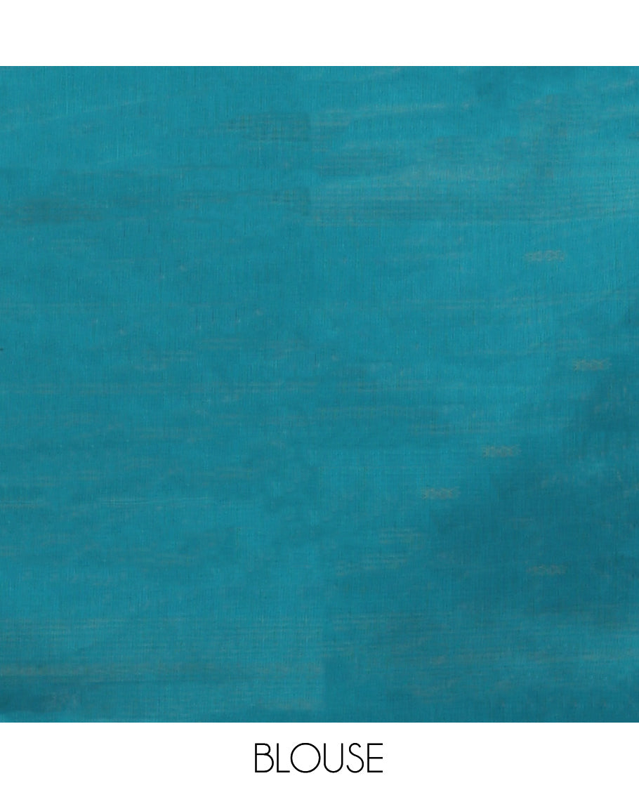 Blue Chettinad Cotton Saree, Bedecked with Thread Buttas All Over Its Body, Complemented by a Contrast Ganga-Jamuna Kal Eragina Border of Kodi Peacock and Elephant Designs, Pallu of Buttas and Stripes, and Paired with a Matching Blouse