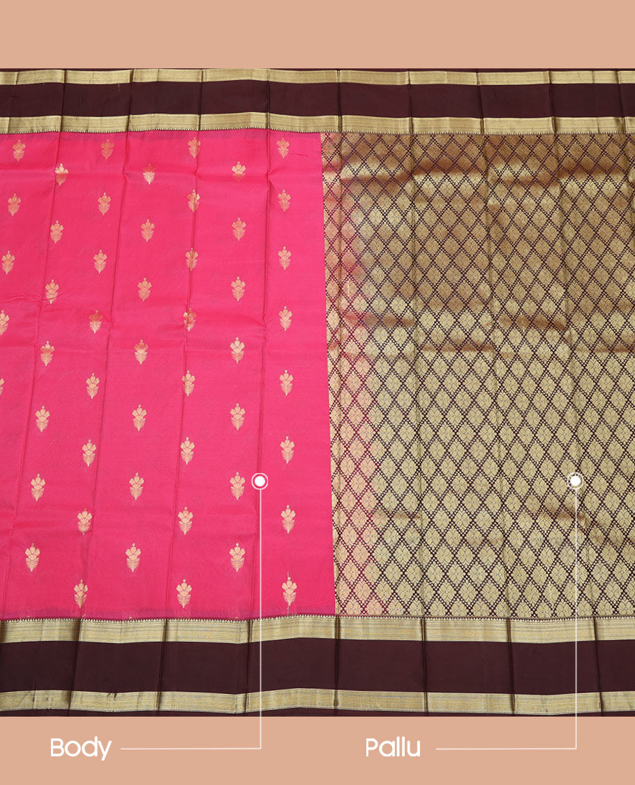 Pink Budget Silk Saree, Gleamed Up with Zari Buttas All Over Its Body, Complemented by a Contrast Traditional Zari Design Woven Rettai Pettu Border, Majestically Detailed Pallu of Jaal Designs, and Paired with a Contrast Blouse