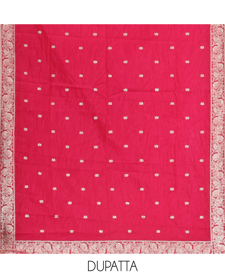 Rani Pink Material Churidar Set Features Gold Zari Neck Work Top, a Plain Santoon Bottom, a Banarasi Dupatta