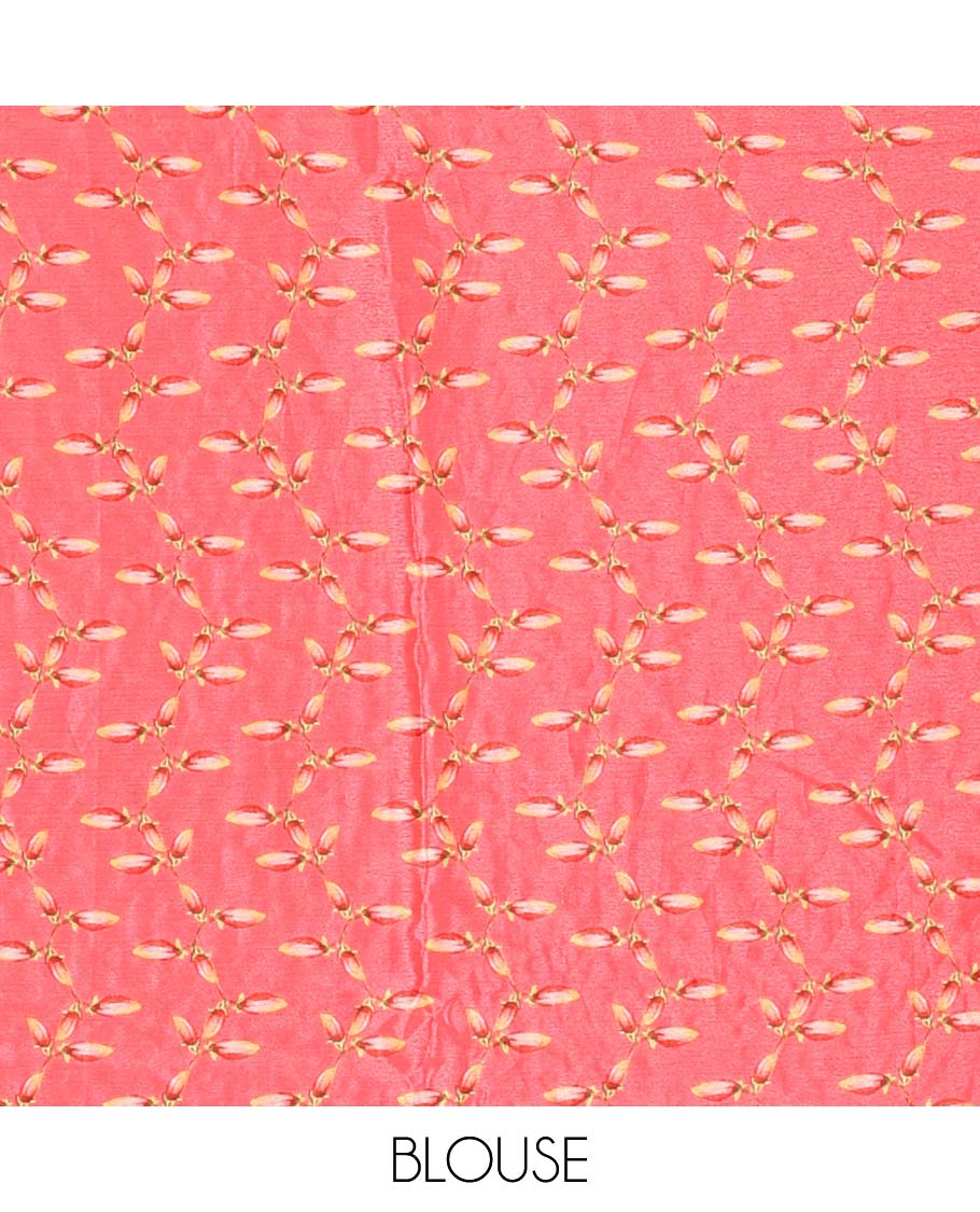 White floral-bird theme printed with mirror work masakali saree, contrast border, and a contrast floral vine printed blouse