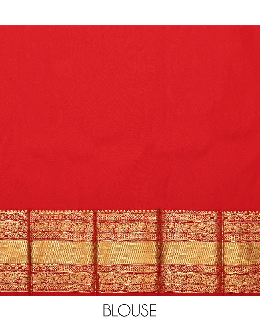 Red Budget Silk Saree, Gleamed Up with Zari Buttas on Its Body, Highlighted by a Zari Border of Traditional Designs, Grand Jaal Design Border, and Paired with a Matching Blouse