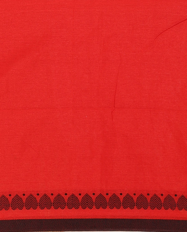 Red plain khadi cotton saree with contrast border and plain pallu with tussels