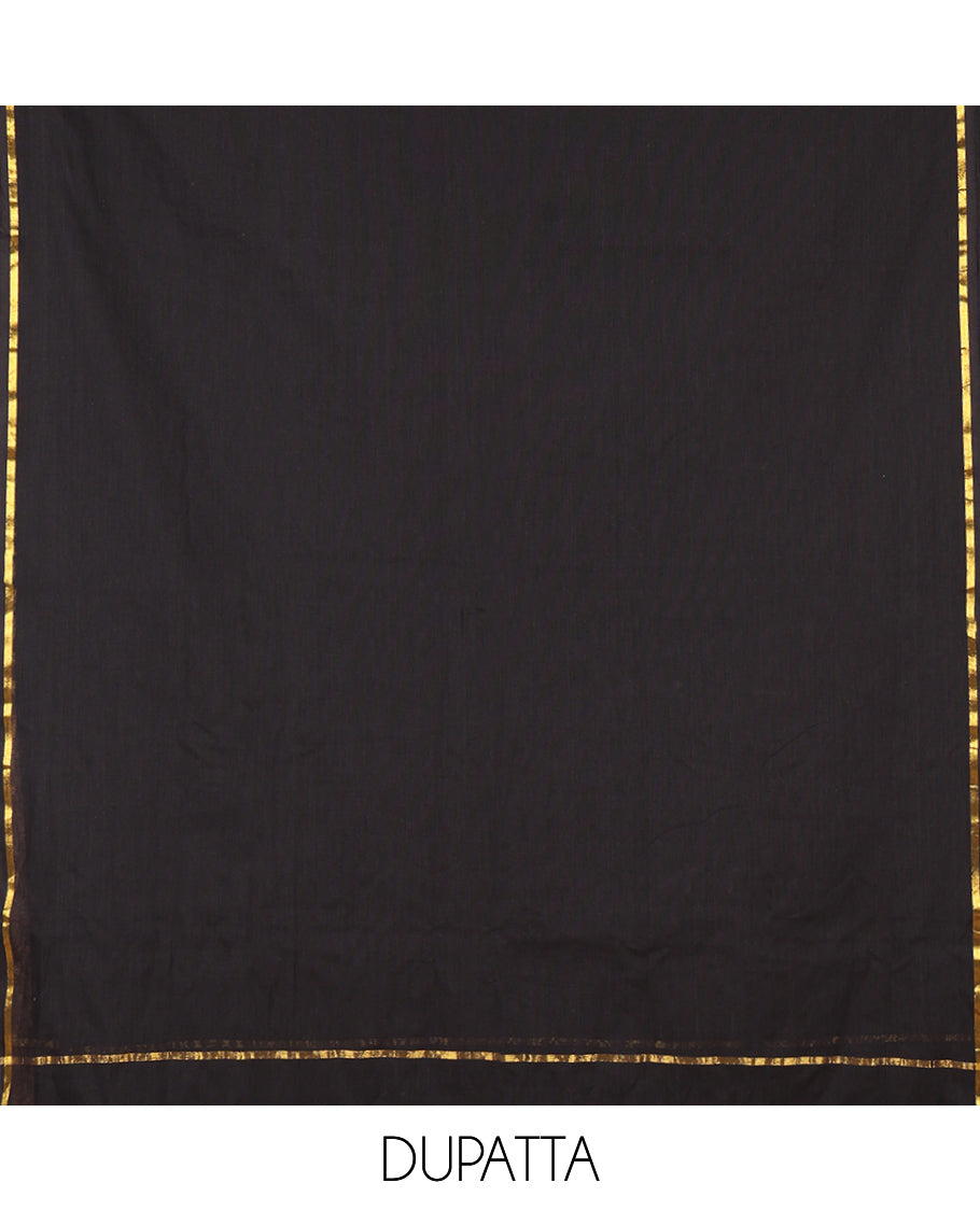 Chikku-Black Cotton Material Churidar Features Kalamkari Human Figurines Printed Top, Contrast Bottom, and Contrast Dupatta