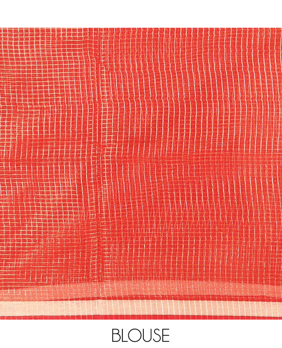 Red Kota Doria Saree, Adorned with Zari Checks and Floral Embroidery, a Piping Border, Matching Blouse