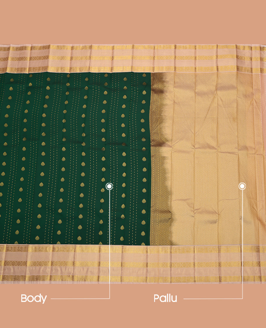 Green Budget Silk Saree, Adorned with Zari Buttas, Complemented by a Contrast Traditional Border, Grand Pallu, and Contrast Blouse