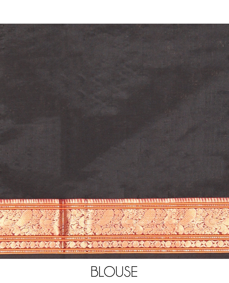 Black Buttas Enclosed Checked Kuppadam Silk Saree, a Contrast Peacock Border, Grand Pallu, a Matching Blouse