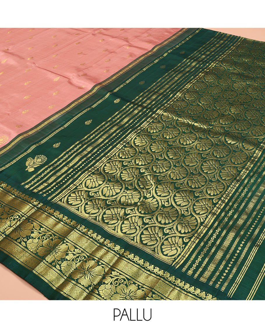 Pink Kanchipuram Silk Saree, Finely Crafted with Zari Buttas, Contrast One-Sided Korvai Border of Manga, Jaal, and Kodi Visiry Designs, Kodi Visiry Pallu, and No Blouse