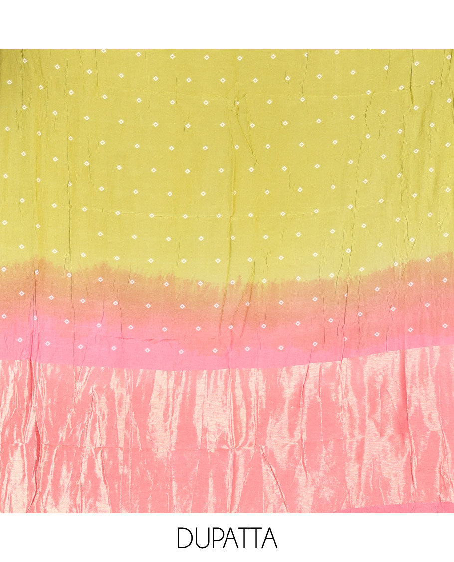 Pink and Light Green Semi-Silk Material Churidar Set, Beautified with Bandhani Dots Print, Comes with a Plain Santoon Bottom, and Paired with a Double-Colored Dupatta of Bandhani Dots Print