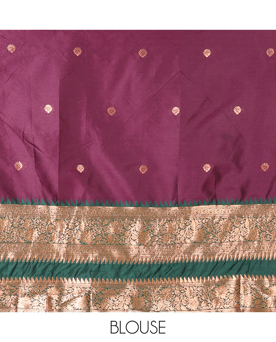 Purple-Green Semi-Banarasi Half-Saree Featuring Zari Buttas on Its Skirt, Complemented by a Contrast Traditional Zari Temple Rettai Pettu Border, Paired with a Matching Blouse, and a Satin Georgette Embroidered Scallop Dhavani