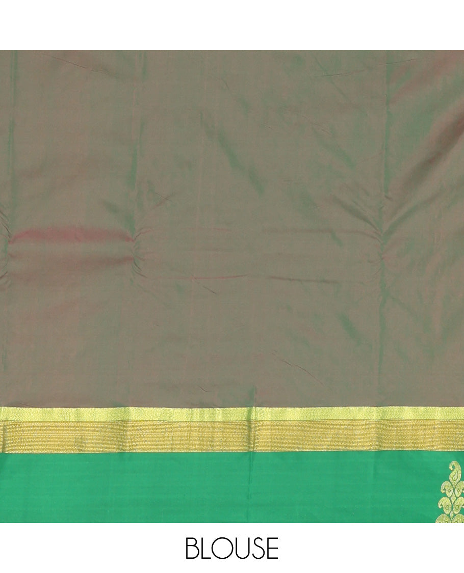 Pink Aarani Silk Saree, Embellished with Buttas on Its Body, Complemented by a Contrast Border, Pallu of Stripes and Buttas, and Paired with a Contrast Blouse