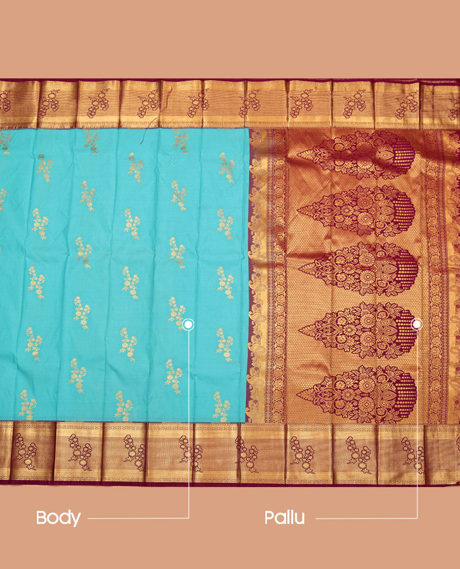 Blue Budget Silk Saree, Detailed with Zari Buttas, a Contrast Traditional Zari Border, Intricate Pallu, and a Contrast Blouse