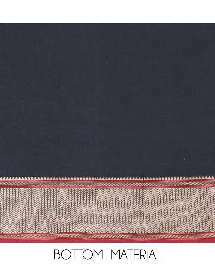 Black Mercerised Cotton Material Churidar Features Plain Top, Contrast Traditional Thread Border, Plain Bottom, Matching Dupatta
