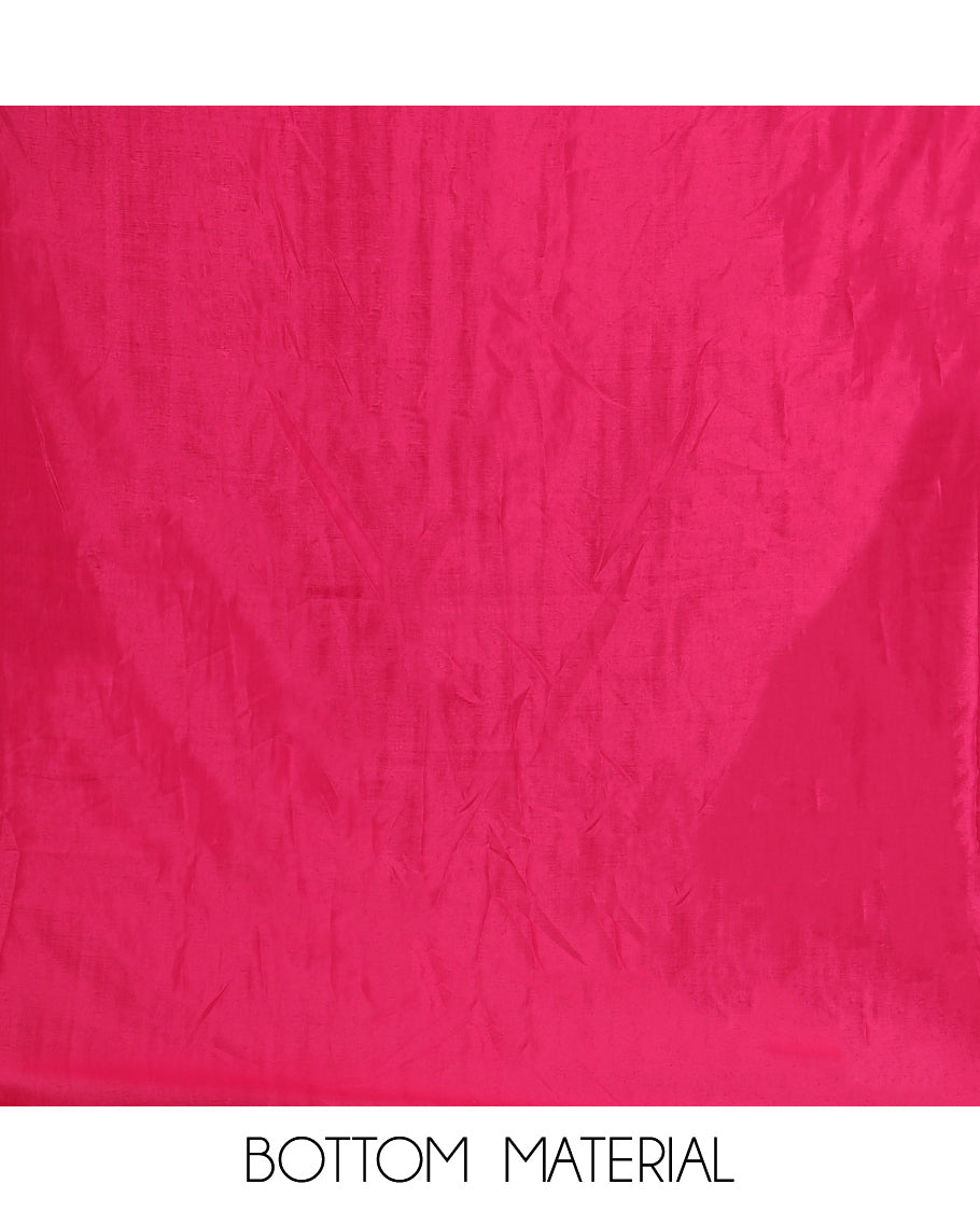Rani Pink Material Churidar Set Features Gold Zari Neck Work Top, a Plain Santoon Bottom, a Banarasi Dupatta