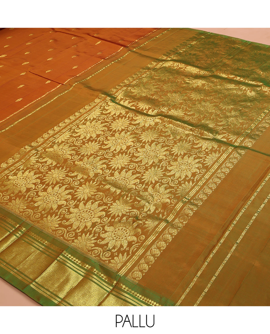 Brown Kanchipuram Silk Saree, Beautified with Zari Buttas, a Contrast One-sided Border of Panner Sombu, Banaras, and Jaal Designs, Pallu of Floral Designs, and No Blouse
