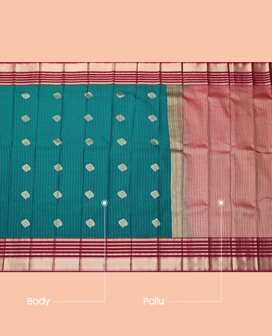 Blue Budget Silk Saree, Adorned with Zari Buttas, Complemented by a Contrast Traditional Zari Border, Jaal Pallu, and a Contrast Blouse