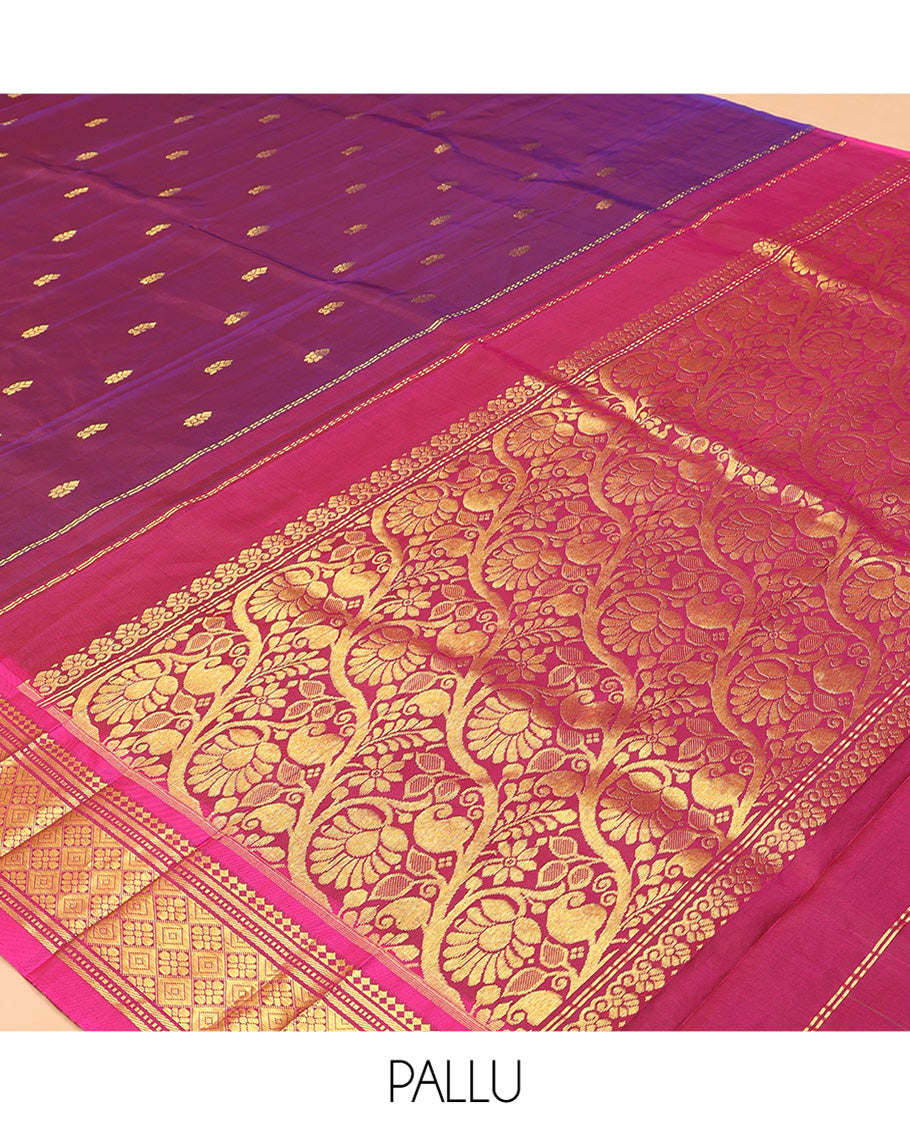 Purple Kanchipuram Silk Saree, Woven with Zari Buttas, Complemented by a Contrast Border of Panner Sombu, Banaras, Muthu, and Jaal Design, Floral Design Pallu, and No Blouse