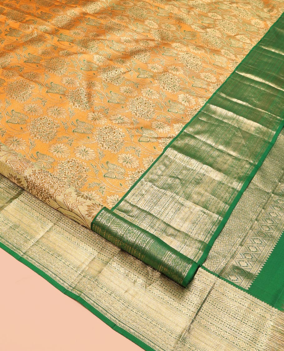 Orange Kanchipuram Wedding Silk Saree, Detailed with Jacquard Design, a Contrast Border of Traditional Designs, Grand Pallu, and a Contrast Blouse
