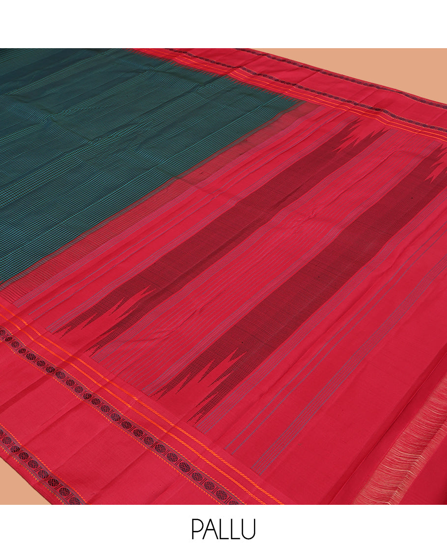 Blue Kasa-Kasa Checked Kanchipuram Silk Saree, Complemented by a Contrast Thazampoo Rekku Border of Banaras, Ara Bogudi, and Rudraksham Designs, Thazampoo Rekku Pallu, and Contrast Blouse