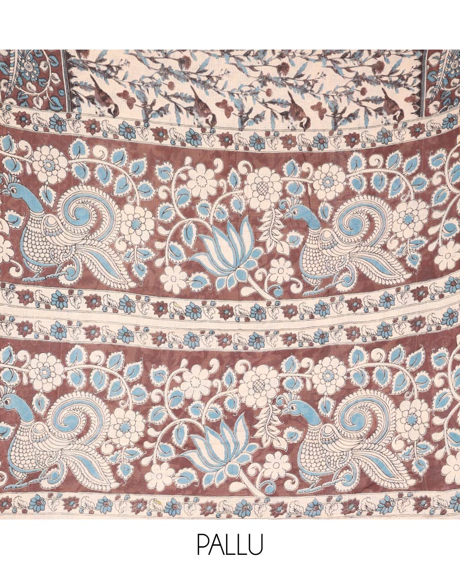 Sandal-Brown Machine-Printed Kalamkari Cotton Saree, Detailed with Bird-Floral Motifs, Contrast Bird Motifs Printed Border, Pallu of Bird Motifs, and a Matching Blouse