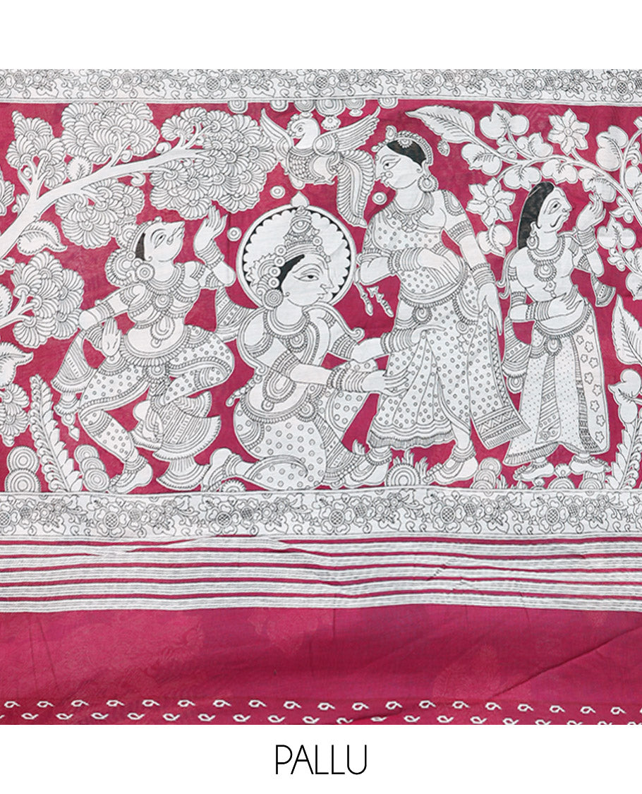 Rama Blue Chanderi Cotton Saree, Accentuated with Kalamkari Print, a Contrast Zari Border, Kalamkari Pallu, a Contrast Blouse