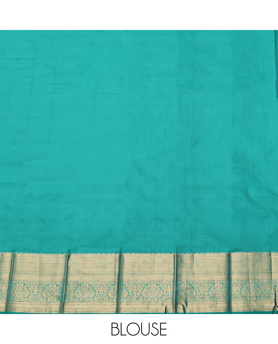 Orange Budget Silk Saree, Detailed with Zari Buttas, Complemented by a Contrast Traditional Zari Border, Grand Pallu, and a Contrast Blouse