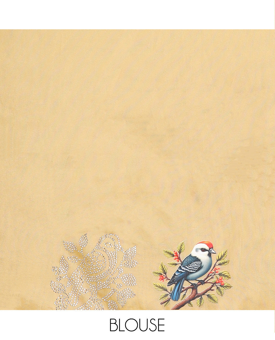 Yellow micro stone work designer saree with scallop stone work border of sparrow motifs digital print, and pallu of micro-stone work