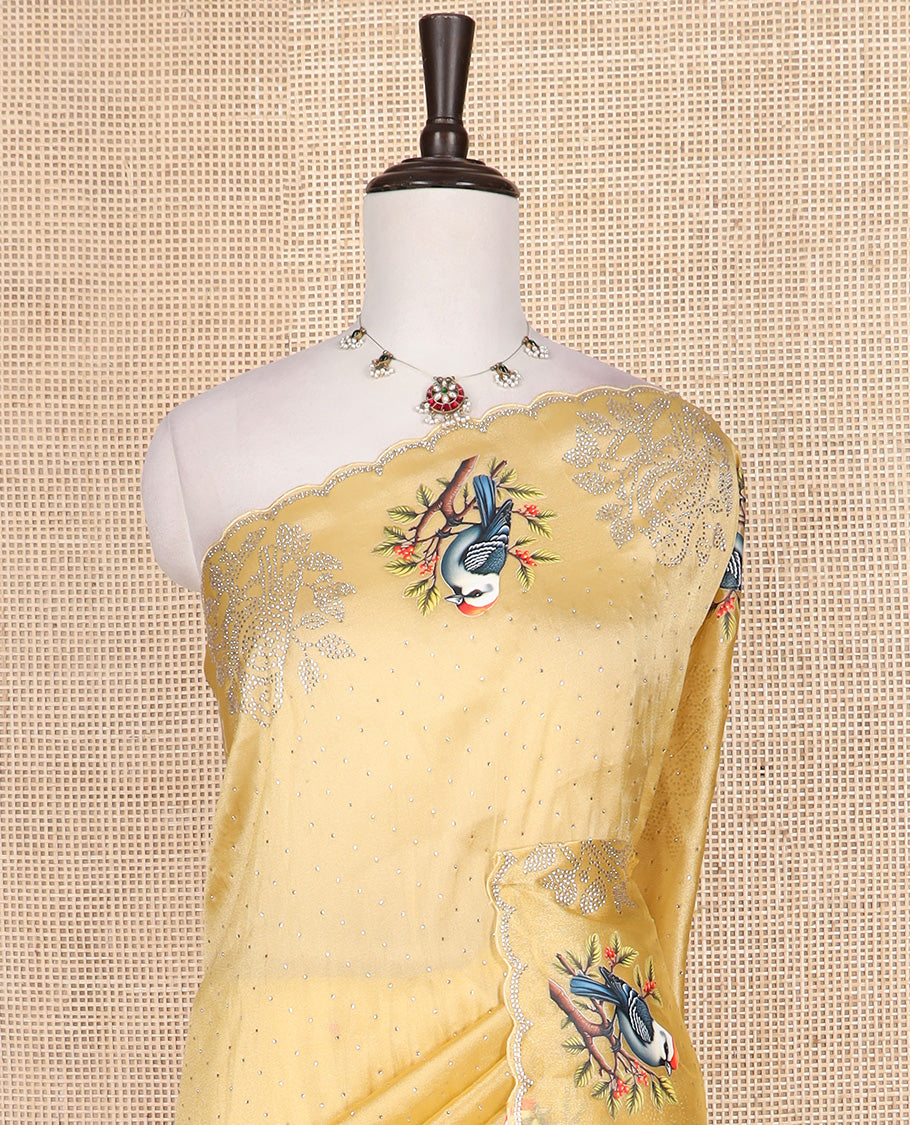 Yellow micro stone work designer saree with scallop stone work border of sparrow motifs digital print, and pallu of micro-stone work