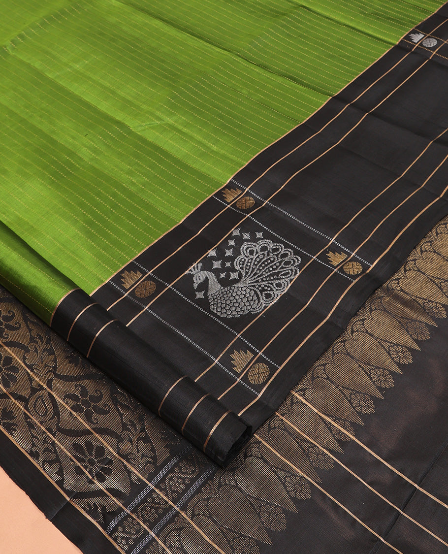 Green Mayuri Lite Silk Mix Saree, Sparsely Woven with Muthu Stripes, Complemented by a Contrast Checked Border of Mayil, Thazampoo Rekku, and Rudraksham Designs, Grand Pallu, and a Contrast Blouse