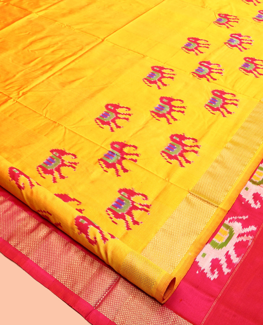 Yellow Pochampally Ikat Saree, Adorned with Elephant Buttas, a Zari Border, Contrast Elephant Motif Pallu, and a Contrast Blouse