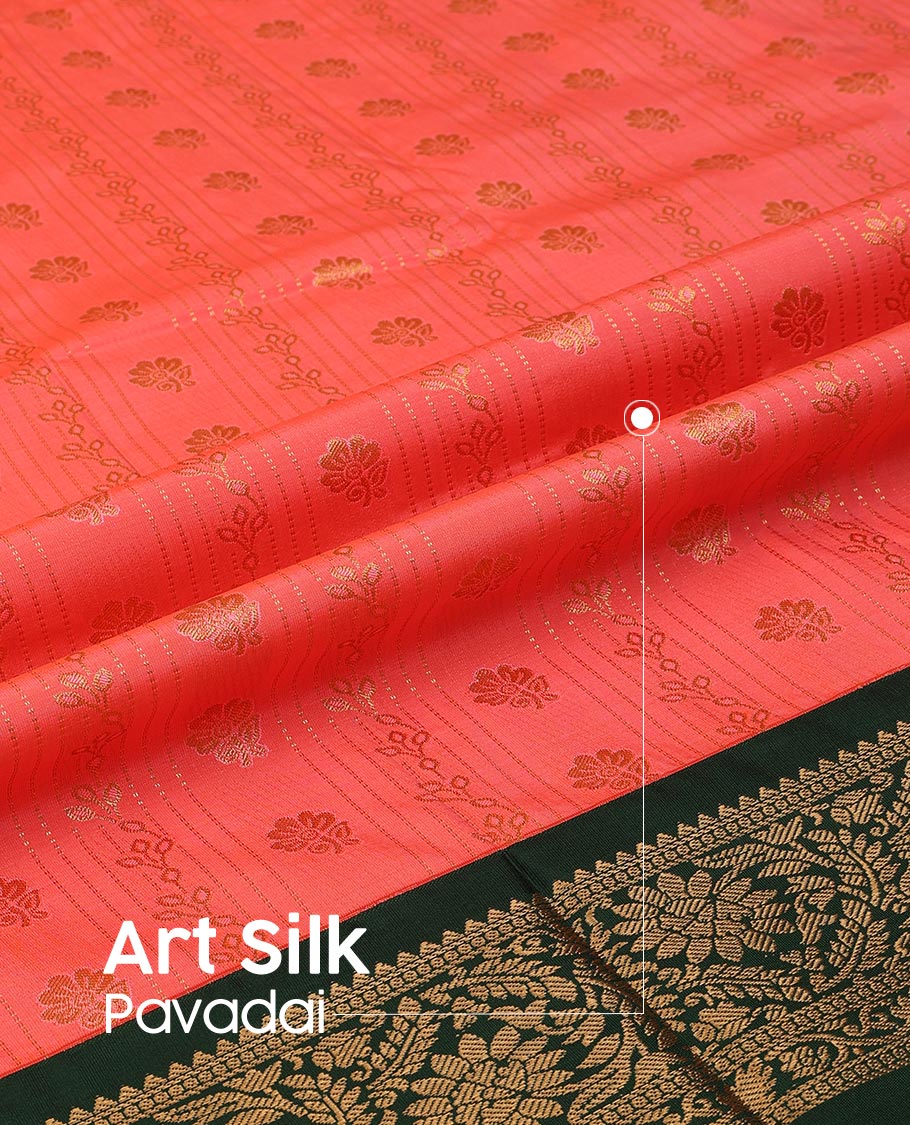 Peach Art Silk Pavadai Material Set Featuring Floral Stripes All Over the Skirt, Complemented by a Contrast Floral Zari Design Border, and Paired with a Contrast Blouse