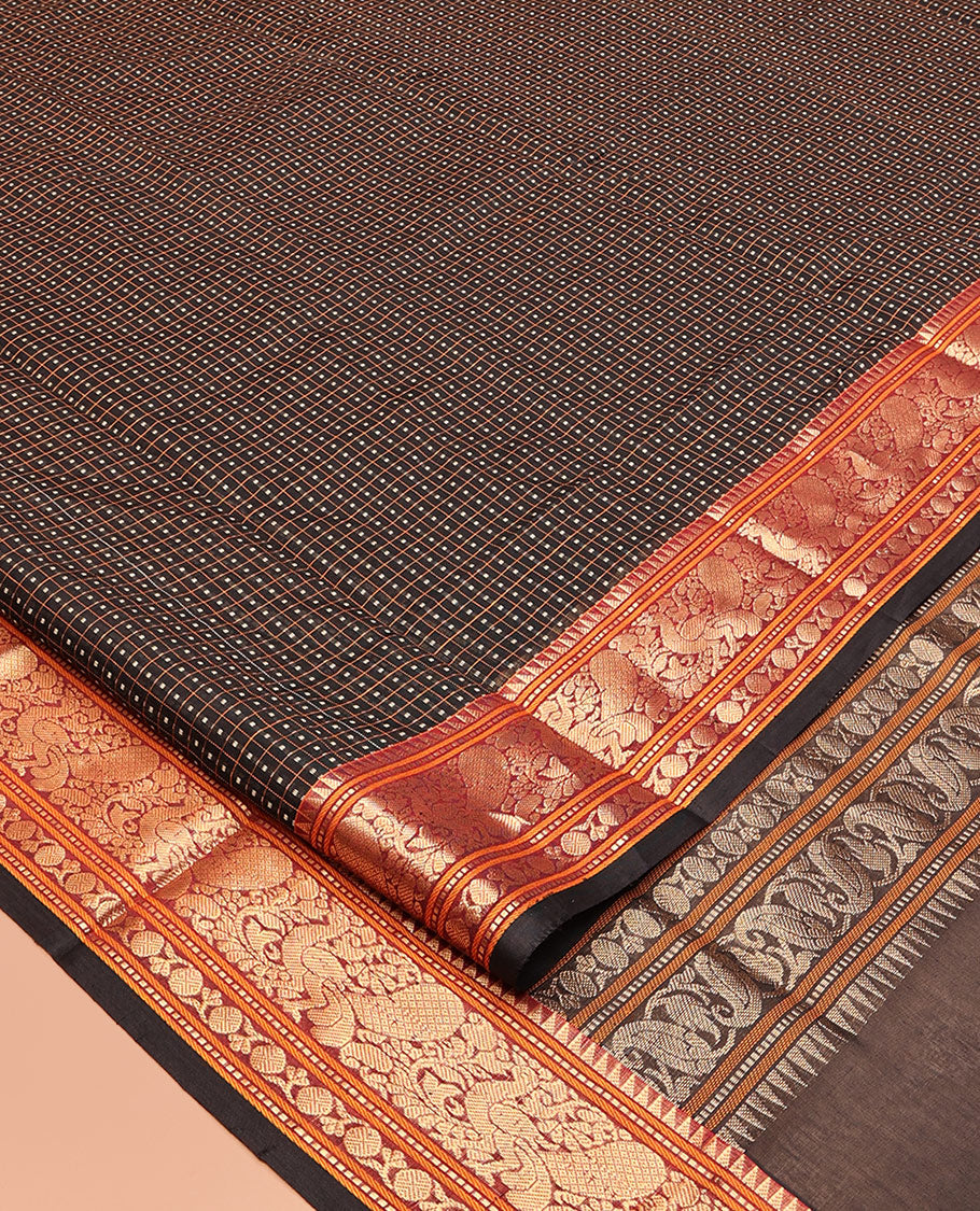 Black Buttas Enclosed Checked Kuppadam Silk Saree, a Contrast Peacock Border, Grand Pallu, a Matching Blouse