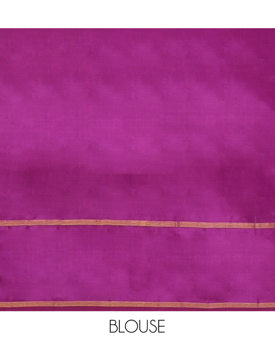 Purple Kanchipuram Silk Saree, Embellished with Zari Buttas All Over Its Body, Complemented by a Contrast Border of Zari Designs, Intricate Motifs Woven Pallu, and Paired with a Contrast Blouse