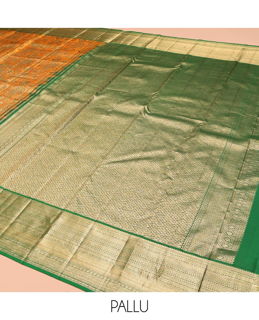 Orange Kanchipuram Wedding Silk Saree, Detailed with Jacquard Design, a Contrast Border of Traditional Designs, Grand Pallu, and a Contrast Blouse