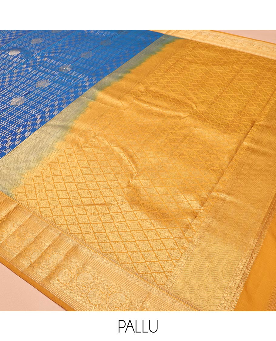 Blue Vasundhara Lite Silk Mix Saree, Woven with Butta Enclosed Checks, a Contrast Border of Kodi Visiry Designs, Grand Jaal Pallu, and a Contrast Blouse