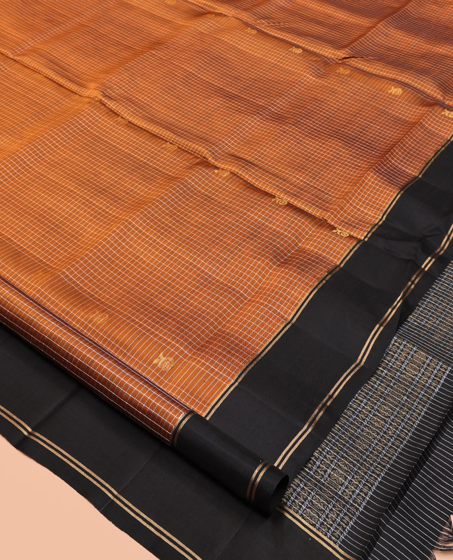 Orange Mayuri Lite Silk Mix Saree, Gleamed Up with Buttas and Checks, Complemented by Contrast Border, Floral Design Pallu, and Contrast Blouse