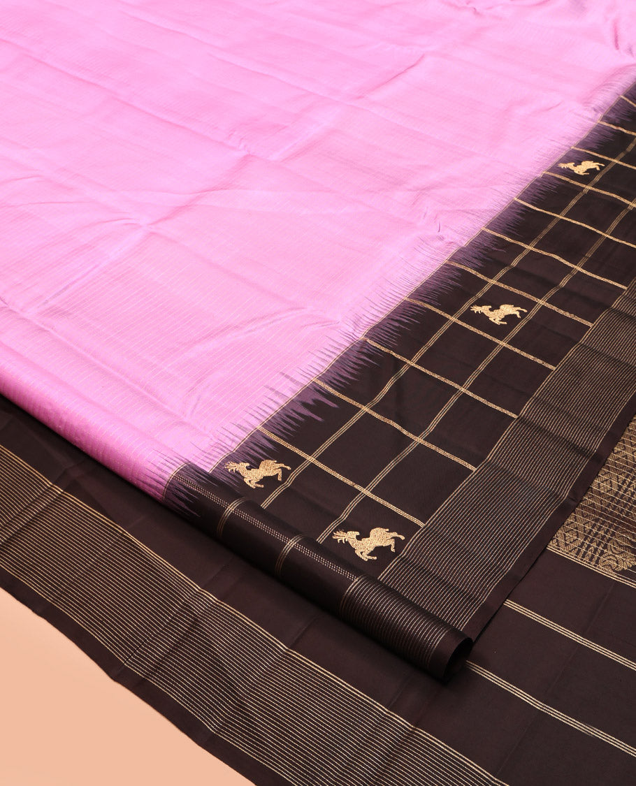 Pink Striped Kanchipuram Silk Saree, Complemented by Contrast Maan Butta Enclosed Checked Border, Jaal Pallu, and a Contrast Blouse