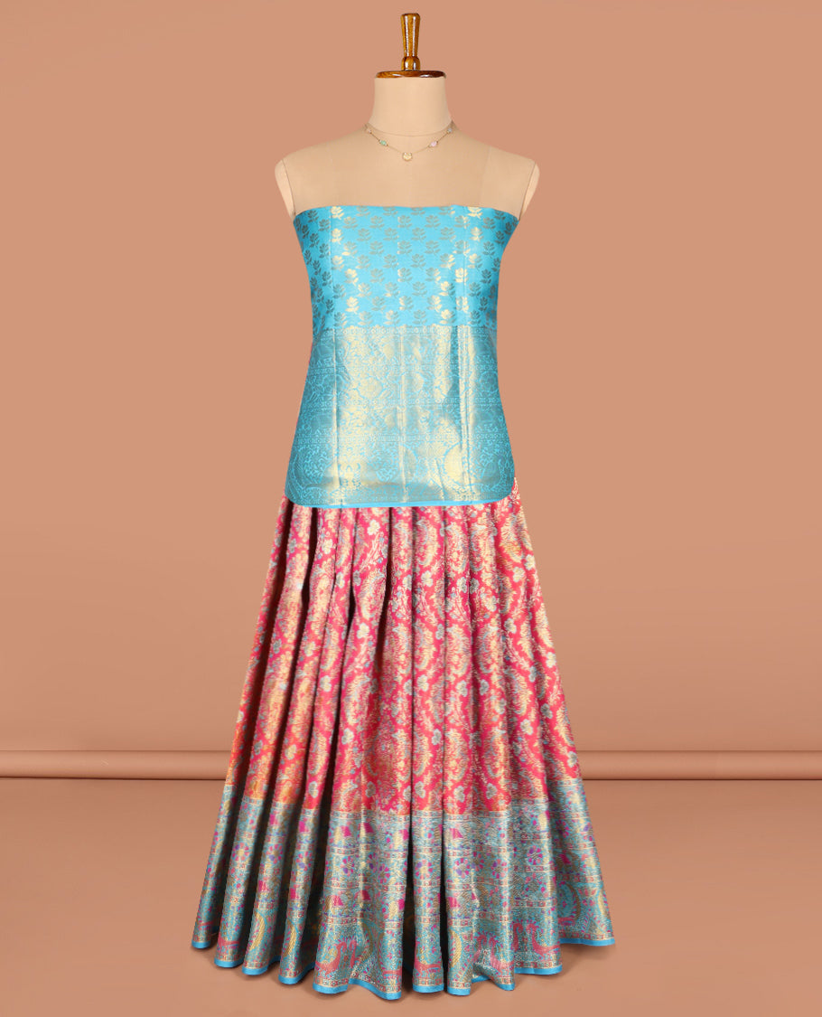Red Pure Silk Half-Saree, Beautifully Bedecked with Jacquard All Over Its Skirt, Complemented by a Contrast Border of Meenakari Floral and Animal Designs, Paired with a Contrast Jacquard Blouse, and Comes with a Gleaming Zari Dhavani
