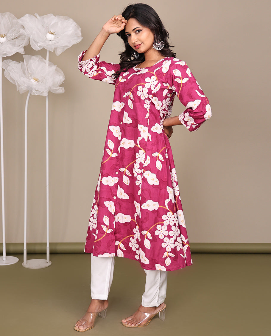 Pink Floral Printed Below-Knee-Length Cotton Kurti, Beautified with Round Neckline, 3/4 Sleeves, and A-Line Length