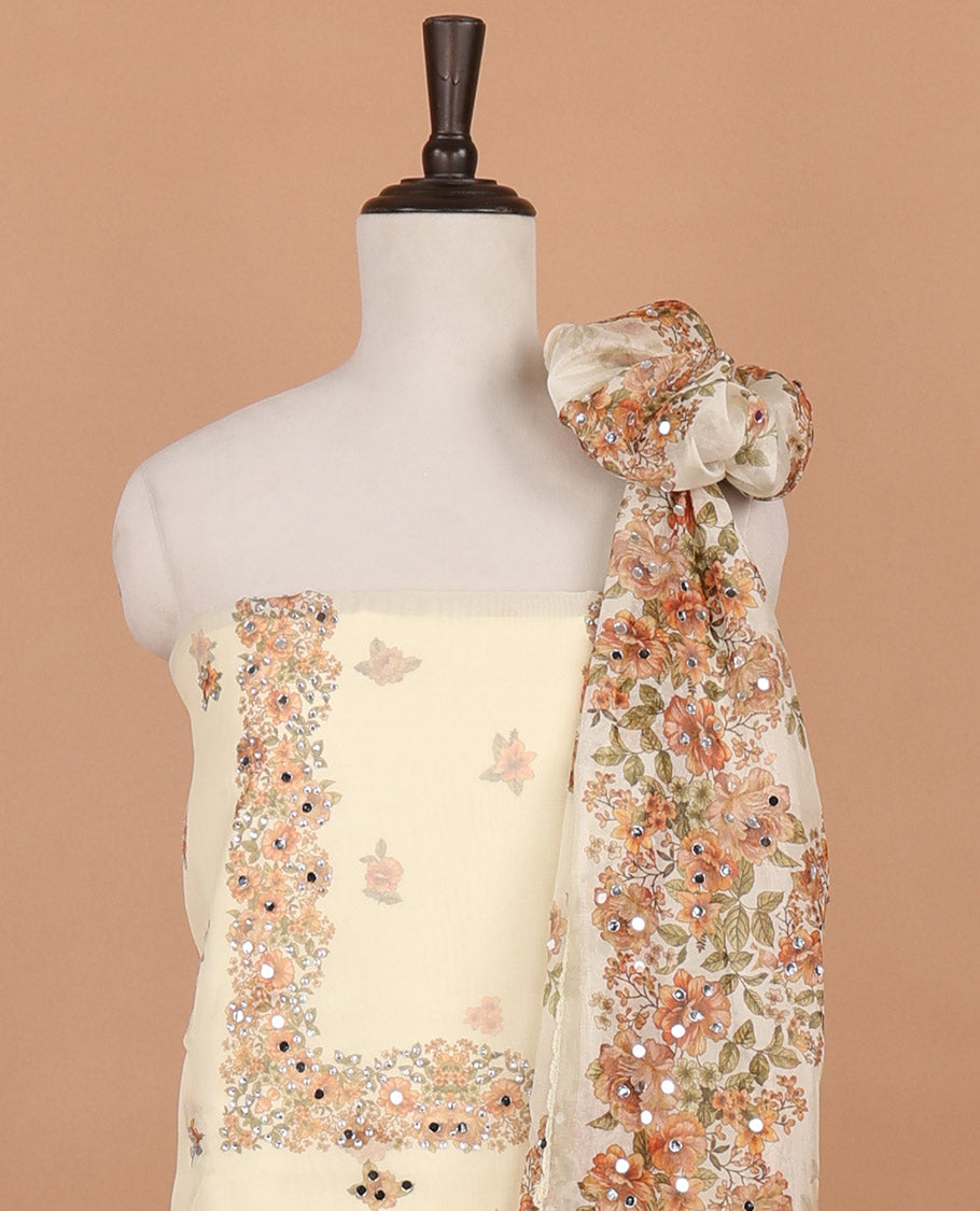 white floral print, stone, mirror work organza chudidhar material top with santoon material pant & floral print, mirror work dupatta