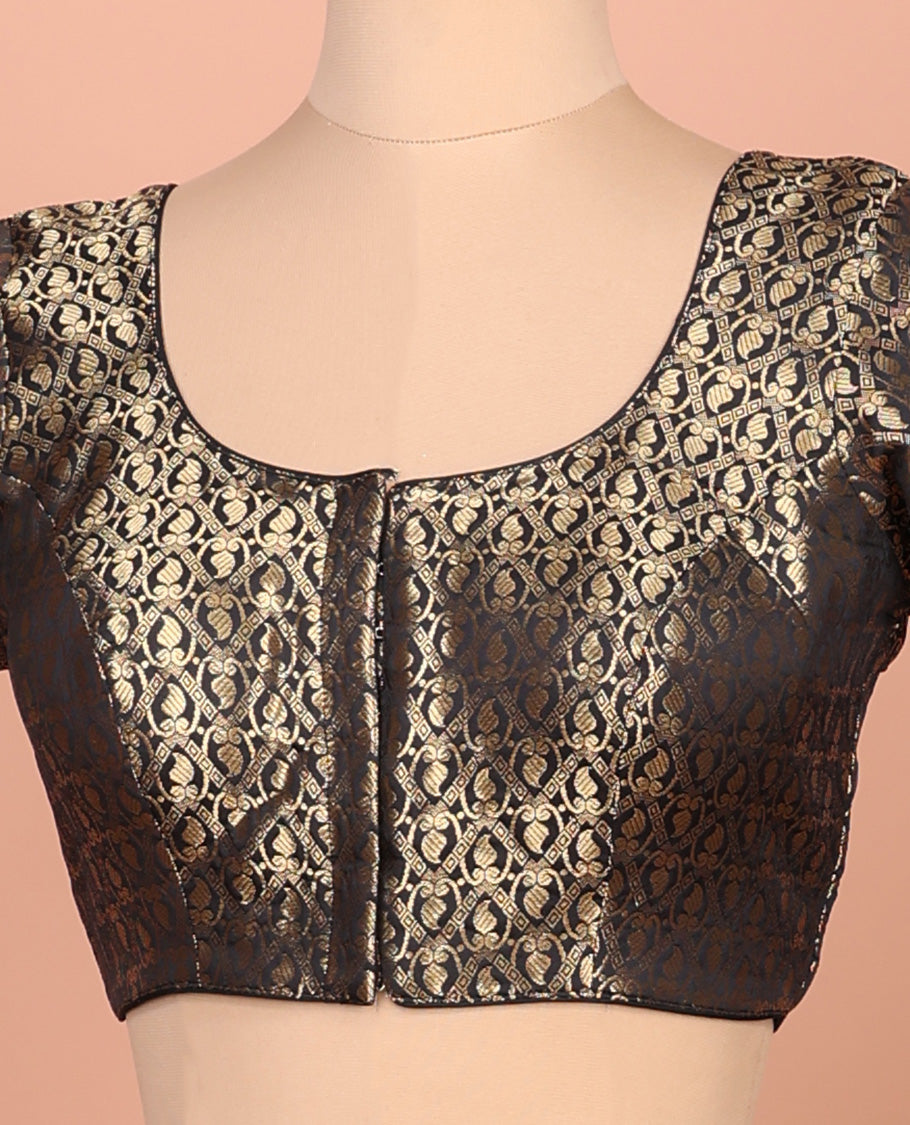 Black paisleys-theme jacquard front-back round neck elbow-sleeve readymade blouse
