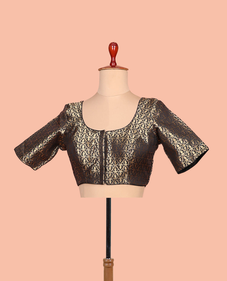 Black paisleys-theme jacquard front-back round neck elbow-sleeve readymade blouse