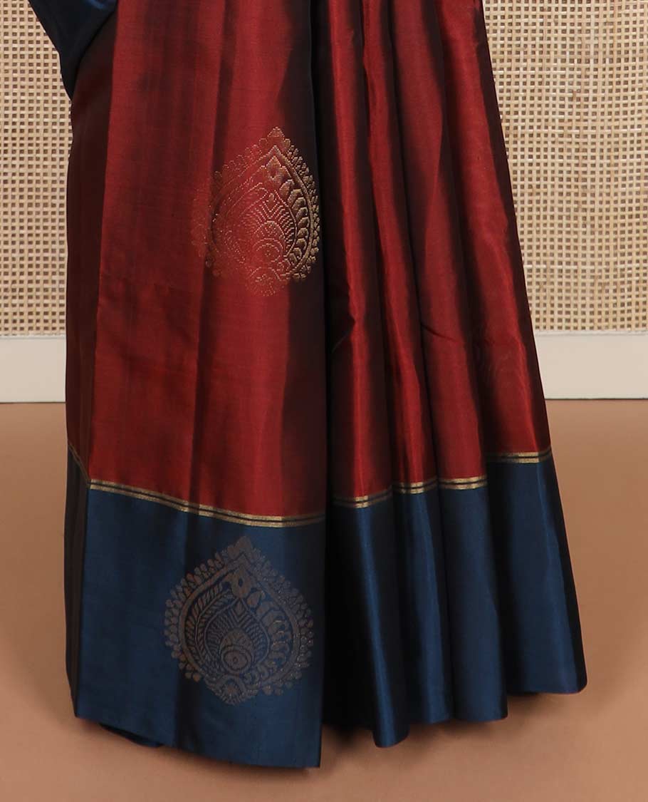 Red zari buttas silk mix saree, contrast zari buttas border & zari-rich intricate jaal pallu