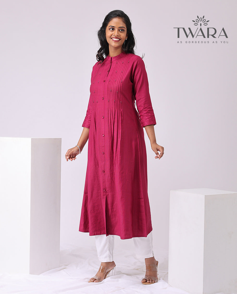 Twara Maroon embroidered motifs chinese neck, 3/4 th sleeve , bleow knee lenght kurti