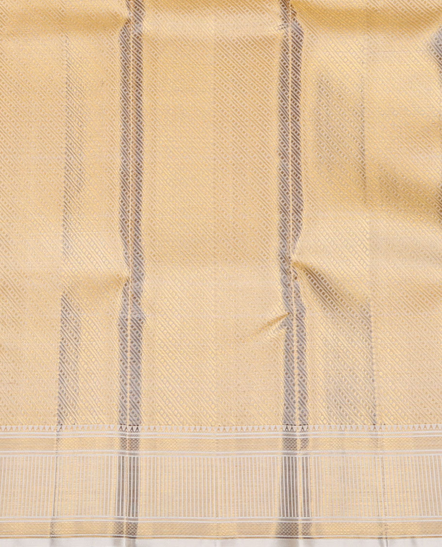 Cream golden zari jacquard design pure silk double-layer dhoti with border of rekku,banaras,kuyil kann & zari stripes