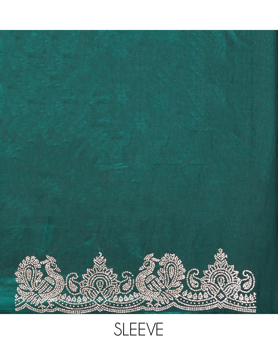 Green Designer Saree, Entralled with Stone Struck All Over Its Body, Highlighted by Peacock Stone Work Border, and Paired with a Matching Blouse