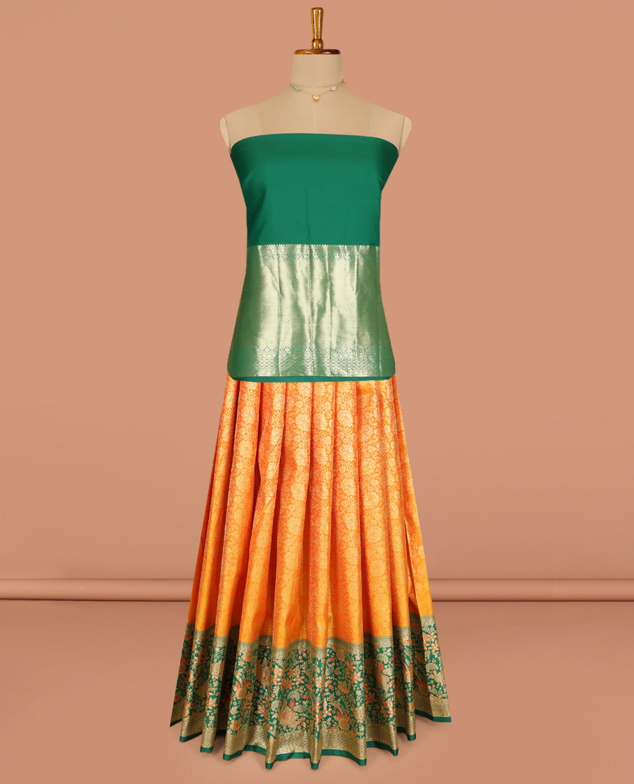 Orange Art Silk Pavadai Material, Embellished with Jacquard Design, Contrast Floral Zari Design Border, and Comes with a Contrast Blouse